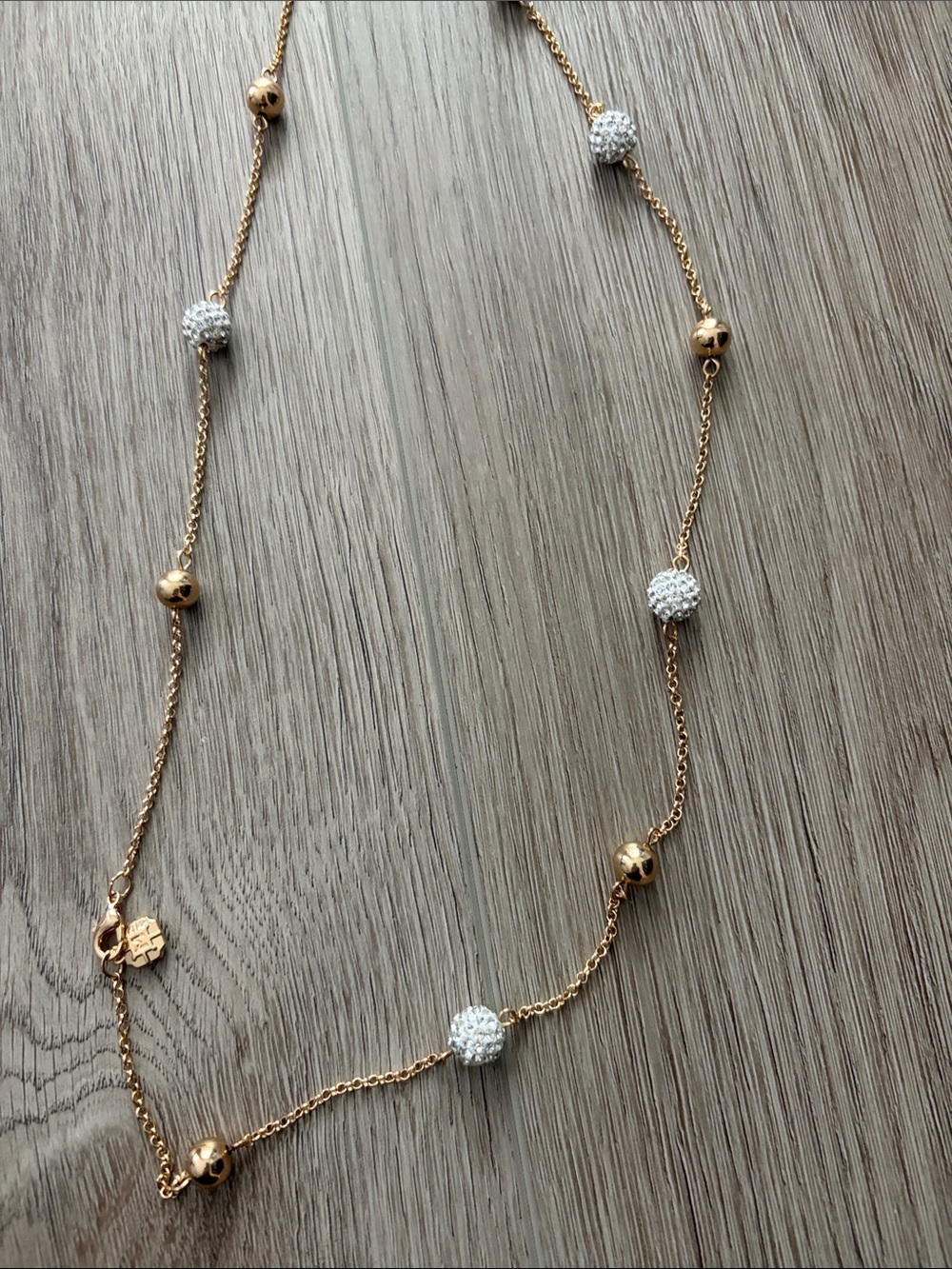 Gold Beaded Station Necklace with White Pavé Spheres - Picture 6 of 7